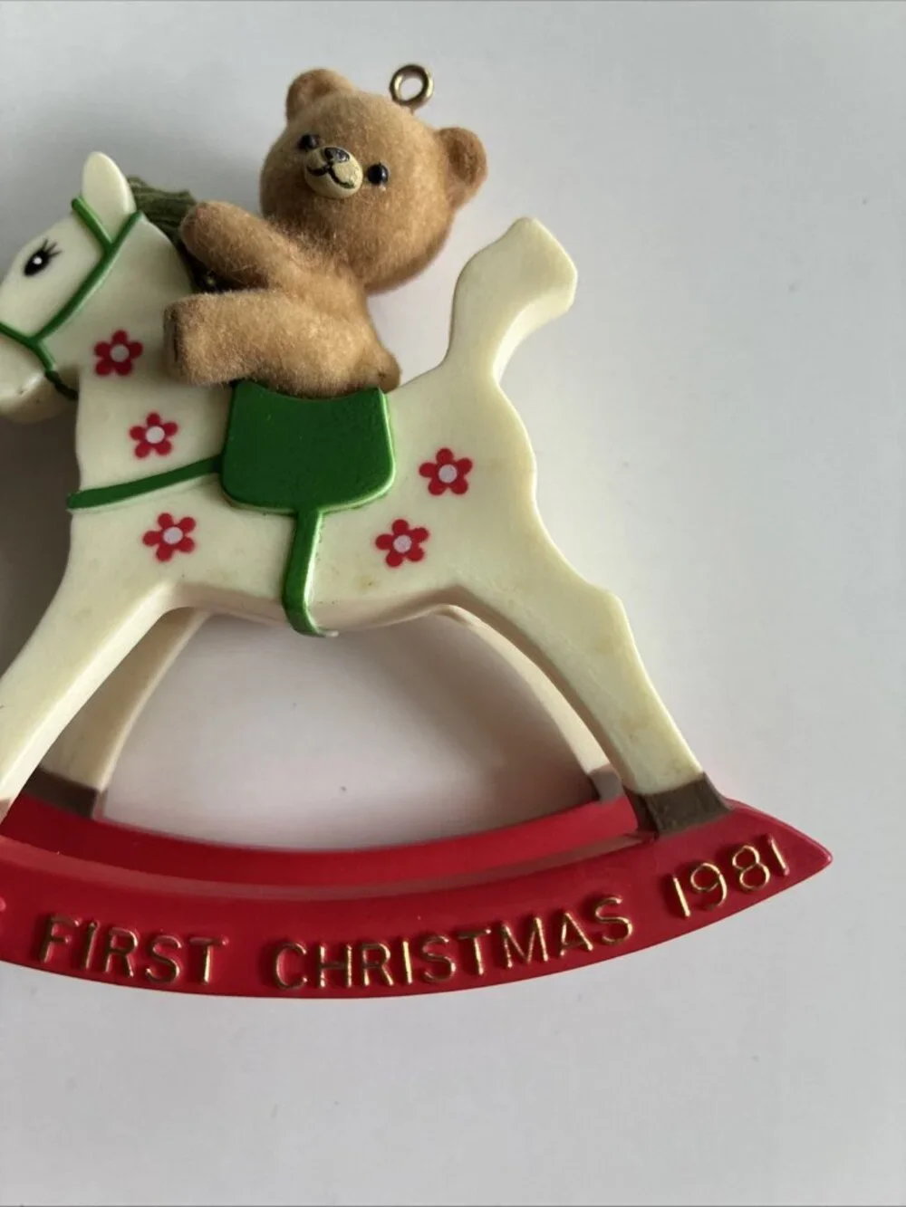 Vintage 1981 Babys First Christmas Teddy Bear Rocking Horse Ornament Flocked